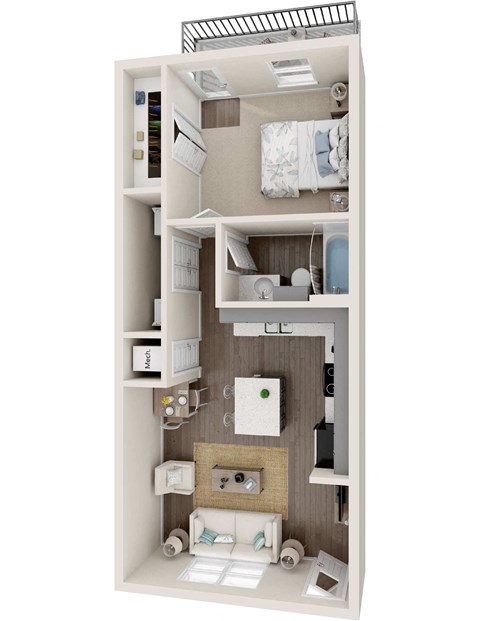 Floor plan for 1 bed, 1 bath, 636 sqft